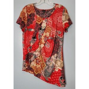 Rafaella Paisley Ruffle Front Top Womens L Red Multicolor Asymmetrical Excellent